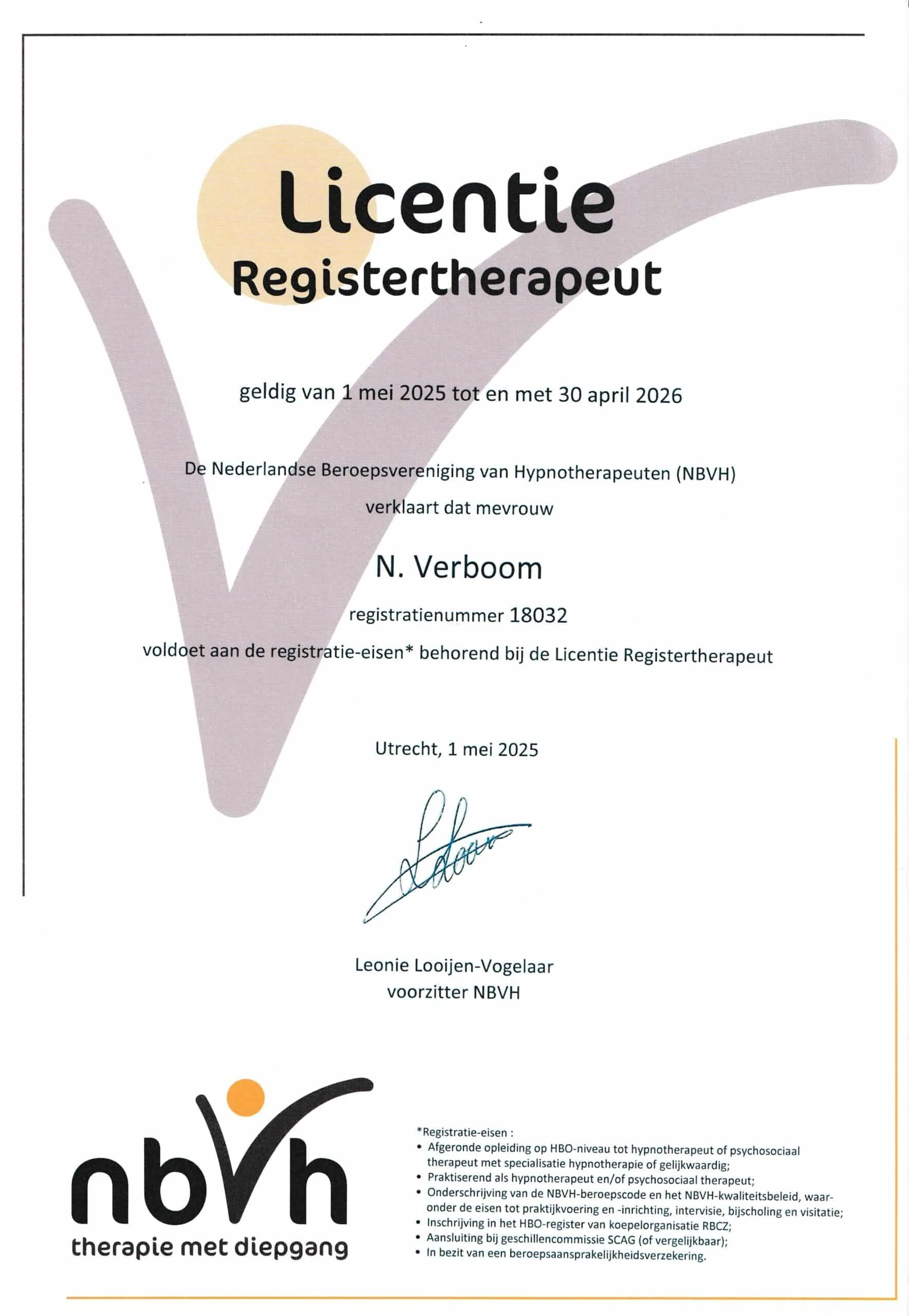 NBVH licentie registertherapeut van Natascha Verboom, geldig van 1 mei 2025 tot en met 30 april 2026