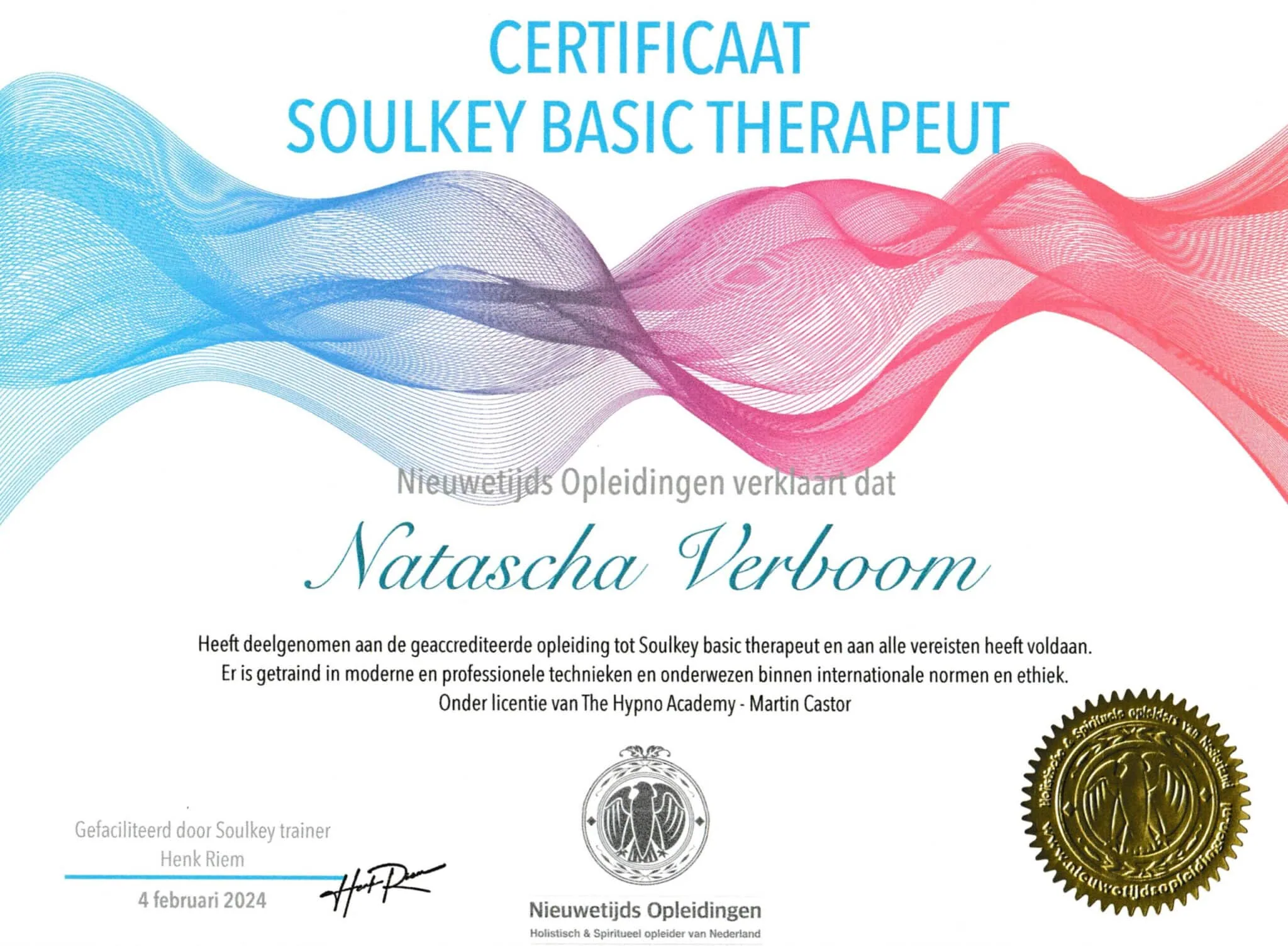 Certificaat SoulKey Basic Therapeut van Natascha Verboom