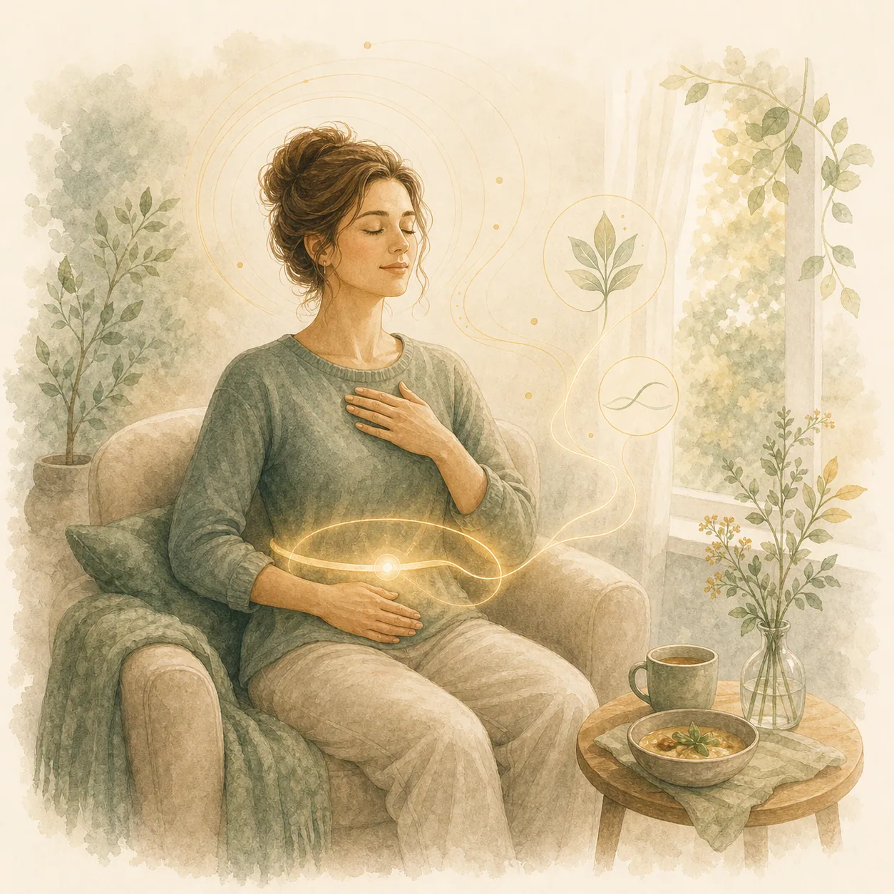 Rustige illustratie over hypnotherapie, verzadiging en bewuste eetpatronen